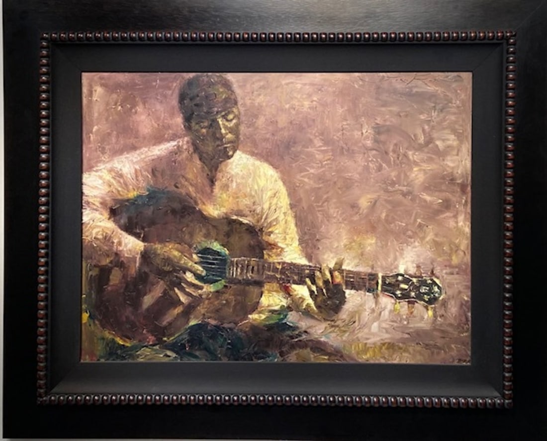 Jorn Fox "Guitar Player" Signed Original: Offered here is an original Oil on Canvas by Jorn Fox: "Jorn Fox "Guitar Player" Signed Original". This one-of-a-kind piece, measuring 45 x 55 x 2 inch, is a rare opportunity for collectors to acquire