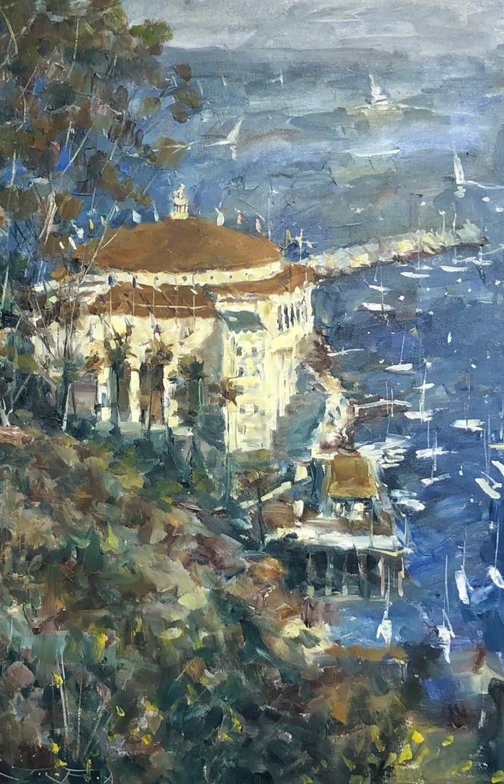 Jorn Fox (Untitled - Casino in Avalon) Signed Original Oil: Offered here is an original Oil on Canvas by Jorn Fox: "Jorn Fox (Untitled - Casino in Avalon) Signed Original Oil". This one-of-a-kind piece, measuring 50 x 38 x 2 inch, is a rare opportunity for col