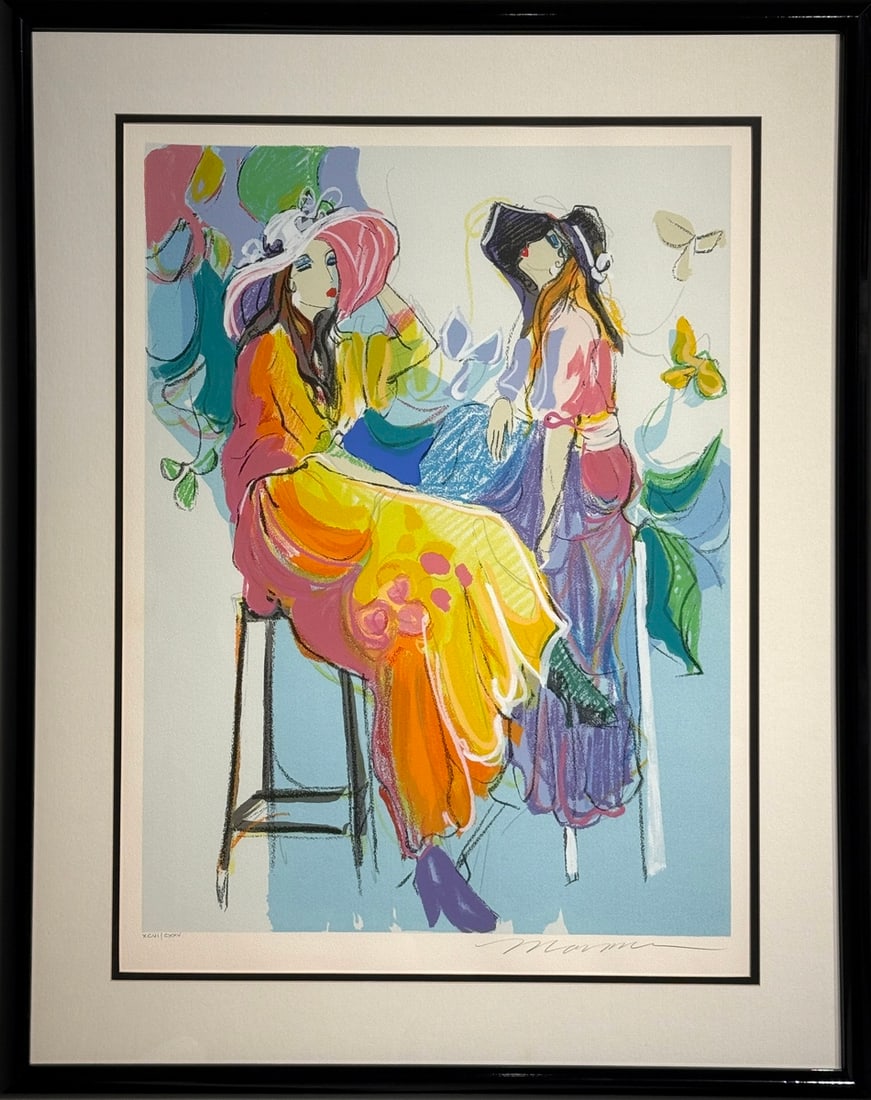 Isaac Maimon "Les Coquettes II" Signed Serigraph LE (1994): Presenting a limited edition Serigraph on Paper by Isaac Maimon: "Isaac Maimon "Les Coquettes II" Signed Serigraph LE (1994)". This Serigraph on Paper (Edition: XCVI/CXXV), measuring 39 x 31 x 2 inch,