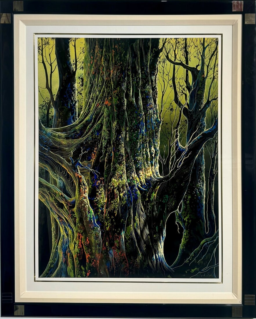 Eyvind Earle "Magical Clearing" Signed Limited Edition Serigraph: Presenting a limited edition Serigraph by Eyvind Earle: "Eyvind Earle "Magical Clearing" Signed Limited Edition Serigraph". This Serigraph (Edition: 60/107), measuring 42 x 52 inch, is a sought-after 