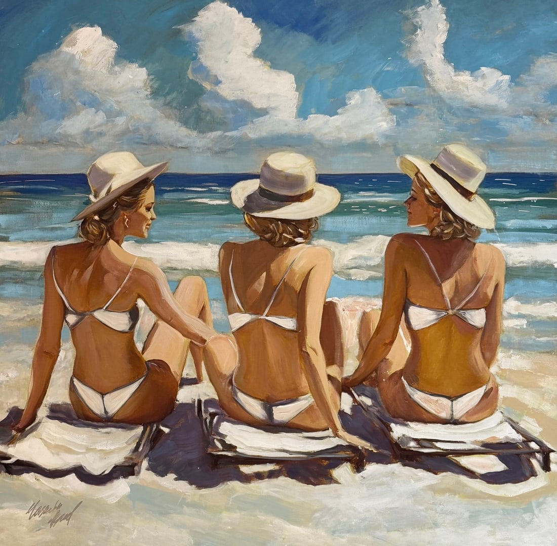 Yasemen Asad "Girl's Day At The Beach" Signed Original Mixed Media: Offered here is an original Mixed Media on Canvas by Yasemen Asad: "Yasemen Asad "Girl's Day At The Beach" Signed Original Mixed Media". This one-of-a-kind piece, measuring 36 x 36 x 1 inch, is a
