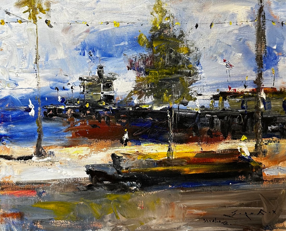 Jorn Fox "Avalon, CA -Pier View" Impressionist Signed Oil and Acrylic on Canvas: Offered here is an original Acrylic on Canvas by Jorn Fox: "Jorn Fox "Avalon, CA -Pier View" Impressionist Signed Oil and Acrylic on Canvas". This one-of-a-kind piece, measuring 16 x 20 inch, is a rar