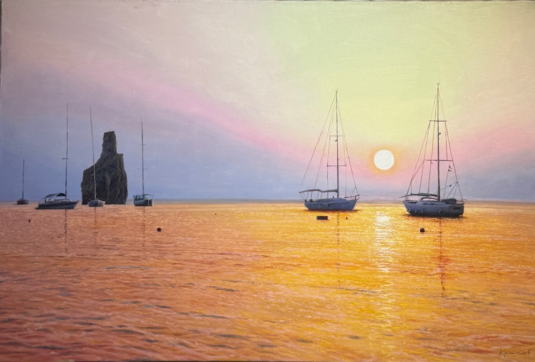 Mikhail Krasov Original Oil Untitled (Seascape) w/sailboats: Offered here is an original Original Oil on Canvas by Mikhail Krasov: "Mikhail Krasov Original Oil Untitled (Seascape) w/sailboats". This one-of-a-kind piece, measuring 24 x 36 x 1 inch, is a rare