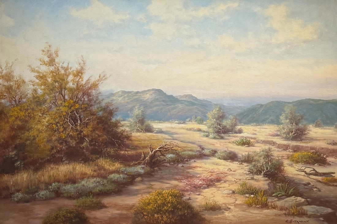 Anton Gutknecht (Untitled) Landscape Original Oil: Offered here is an original Original Oil on Canvas by Anton Gutknecht: "Anton Gutknecht (Untitled) Landscape Original Oil". This one-of-a-kind piece, measuring 24 x 36 x 1 inch, is a rare opportunity