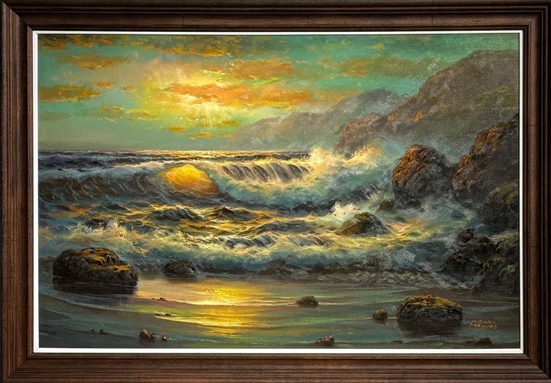 Don Fairbanks (Seascape) Signed Original Oil: Offered here is an original Oil on Canvas by Don Fairbanks: "Don Fairbanks (Seascape) Signed Original Oil". This one-of-a-kind piece, measuring 28 x 40 x 2 inch, is a rare opportunity for collectors
