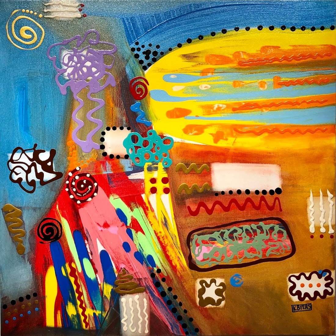 Kimm Byers "Stareing into the Sun" Signed Original: Offered here is an original Acrylic on Canvas by Kimm Byers: "Kimm Byers "Stareing into the Sun" Signed Original". This one-of-a-kind piece, measuring 36 x 36 x 2 inch, is a rare opportunity for colle