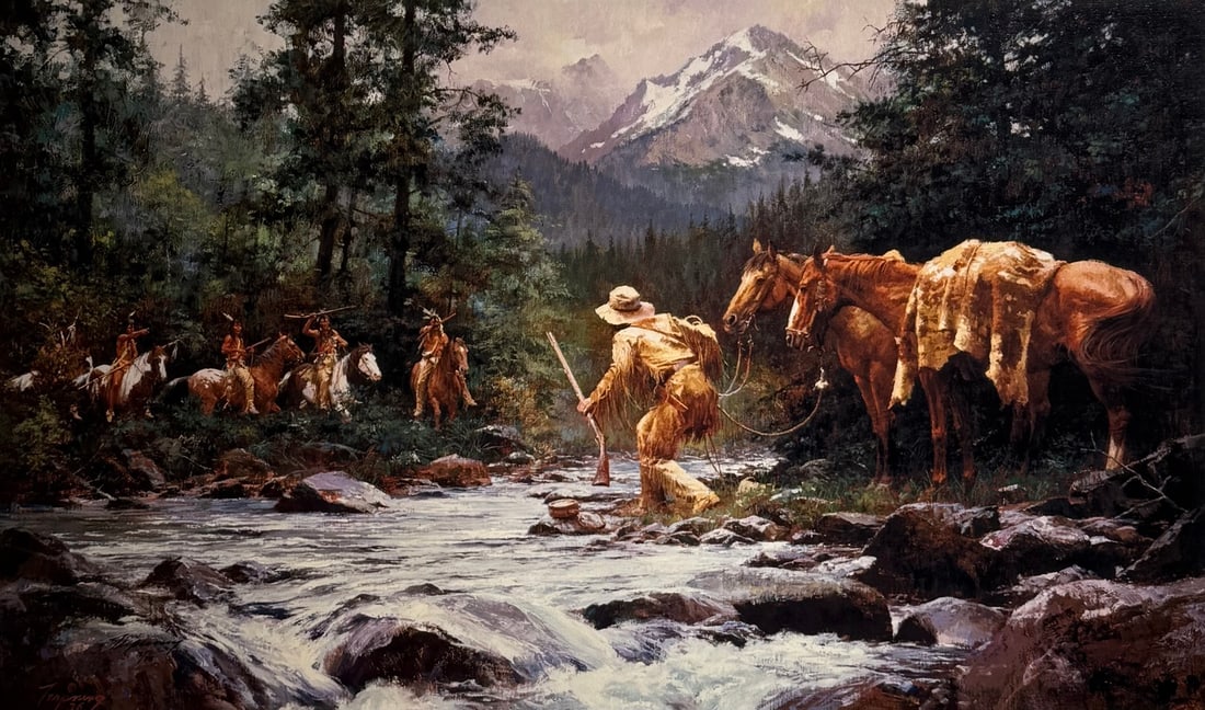 Howard Terpning "They Came From Nowhere" Signed Giclee LE w/COA: Presenting a limited edition Giclee on Canvas by Howard Terpning: "Howard Terpning "They Came From Nowhere" Signed Giclee LE w/COA". This Giclee on Canvas (Edition: 76/375), measuring 22 x 37 x 1 inch
