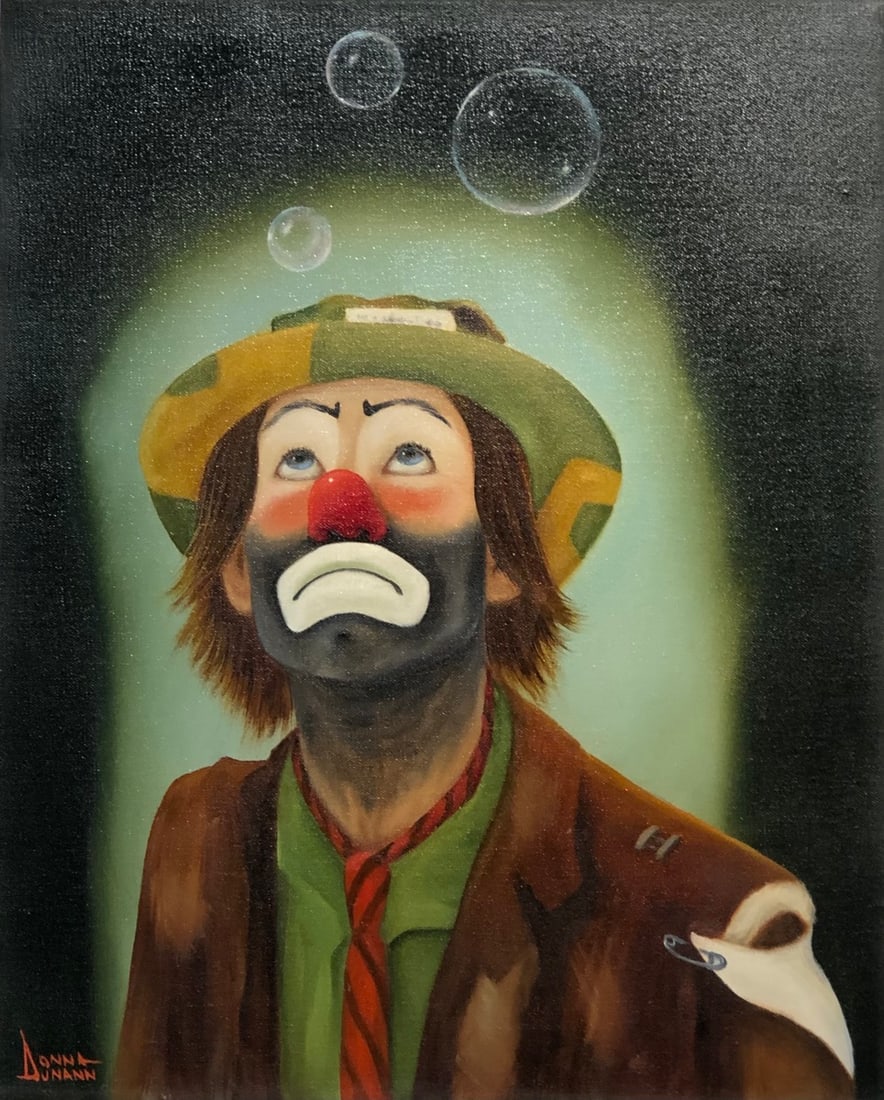 Donna Dunann "Bubbles" (Emmett Kelly, Jr) Signed Original Oil: Offered here is an original Oil on Canvas by Donna Dunann: "Donna Dunann "Bubbles" (Emmett Kelly, Jr) Signed Original Oil". This one-of-a-kind piece, measuring 20 x 16 x 2 inch, is a rare opportunity