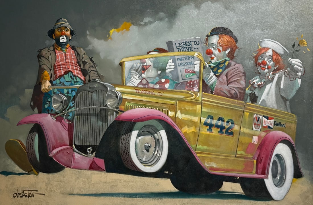 Chuck Oberstein "Roaring 20" Signed Original Oil: Offered here is an original Oil on Canvas by Chuck Oberstein: "Chuck Oberstein "Roaring 20" Signed Original Oil". This one-of-a-kind piece, measuring 24 x 36 x 1 inch, is a rare opportunity for collec