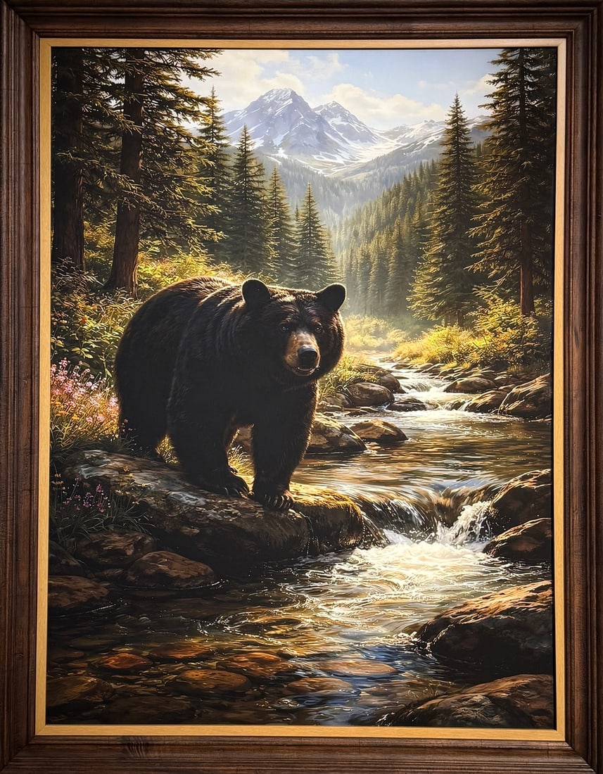 Michael Ibey Original Mixed-Media "Black Bear At Mountain Stream": Offered here is an original Mixed Media on Canvas by Michael Ibey: "Michael Ibey Original Mixed-Media "Black Bear At Mountain Stream"". This one-of-a-kind piece, measuring 46 x 36 x 2 inch, is a rare