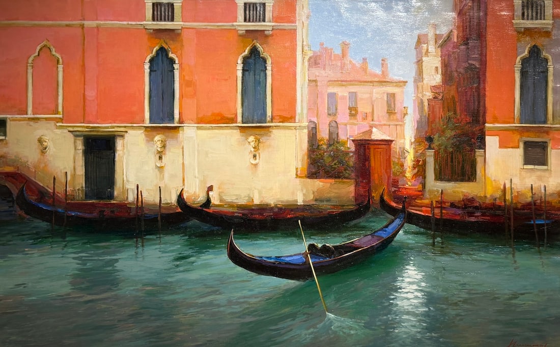 Untitled Original Oil by German Nikitin Venice Canal/Gondolas: Offered here is an original Original Oil on Canvas by German Nikitin: "Untitled Original Oil by German Nikitin Venice Canal/Gondolas". This one-of-a-kind piece, measuring 30 x 48 x 1 inch, is a rare