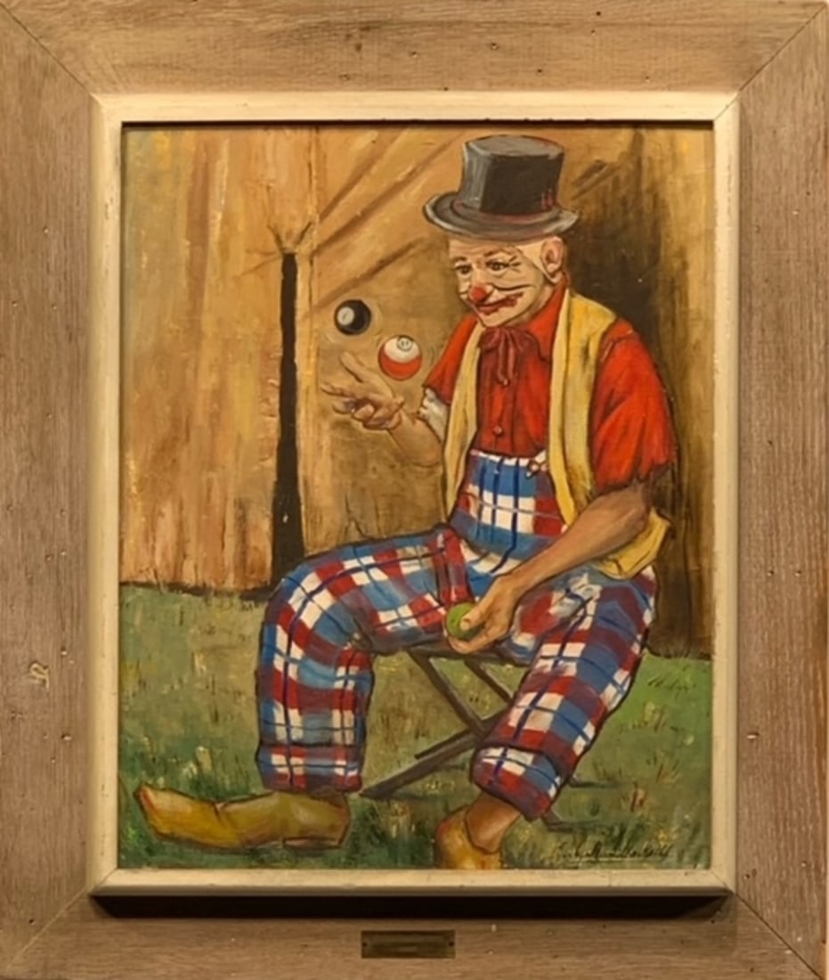 Evelyn Keith "The Juggler" Signed Oil on Canvas Board: Offered here is an original Original Oil on Canvas Board by Evelyn Hamilton Keith: "Evelyn Keith "The Juggler" Signed Oil on Canvas Board". This one-of-a-kind piece, measuring 27 x 23 x 2 inch, is a r