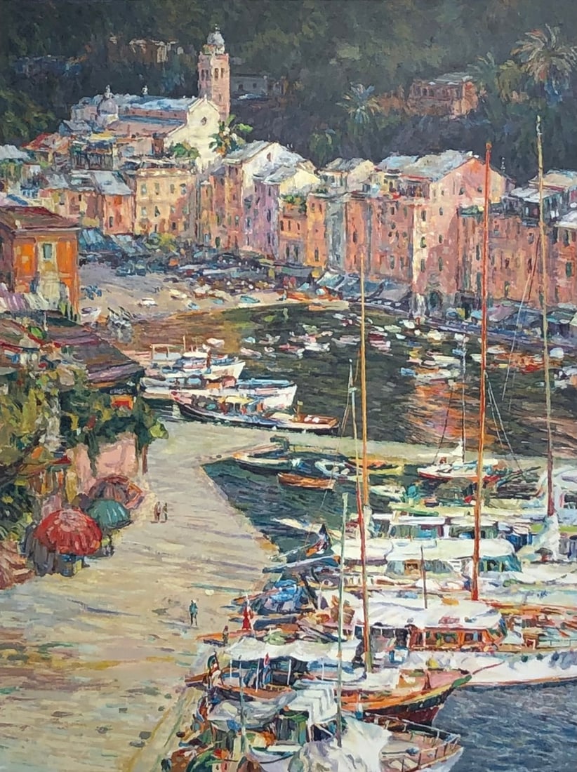 Henri Plisson "Portofino" Signed Serigraph LE: Presenting a limited edition Serigraph on Paper by Henri Plisson: "Henri Plisson "Portofino" Signed Serigraph LE". This Serigraph on Paper (Edition: VIII/C), measuring 45 x 37 x 2 inch, is a sought-af