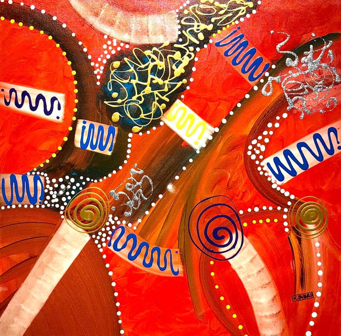 Kimm Byers "A New Bowling Ball Does Wonders" Signed Original Acrylic - Abstract: Offered here is an original Acrylic on Canvas by Kimm Byers: "Kimm Byers "A New Bowling Ball Does Wonders" Signed Original Acrylic - Abstract". This one-of-a-kind piece, measuring 36 x 36 x 2 inch, is