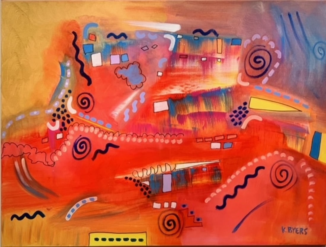 Kimm Byers Abstract Signed Original Acrylic on Canvas: Offered here is an original Original Acrylic on Canvas with 1 1/2" Museum Bars by Kimm Byers: "Kimm Byers Abstract Signed Original Acrylic on Canvas". This one-of-a-kind piece, measuring 36 x 48 x 2