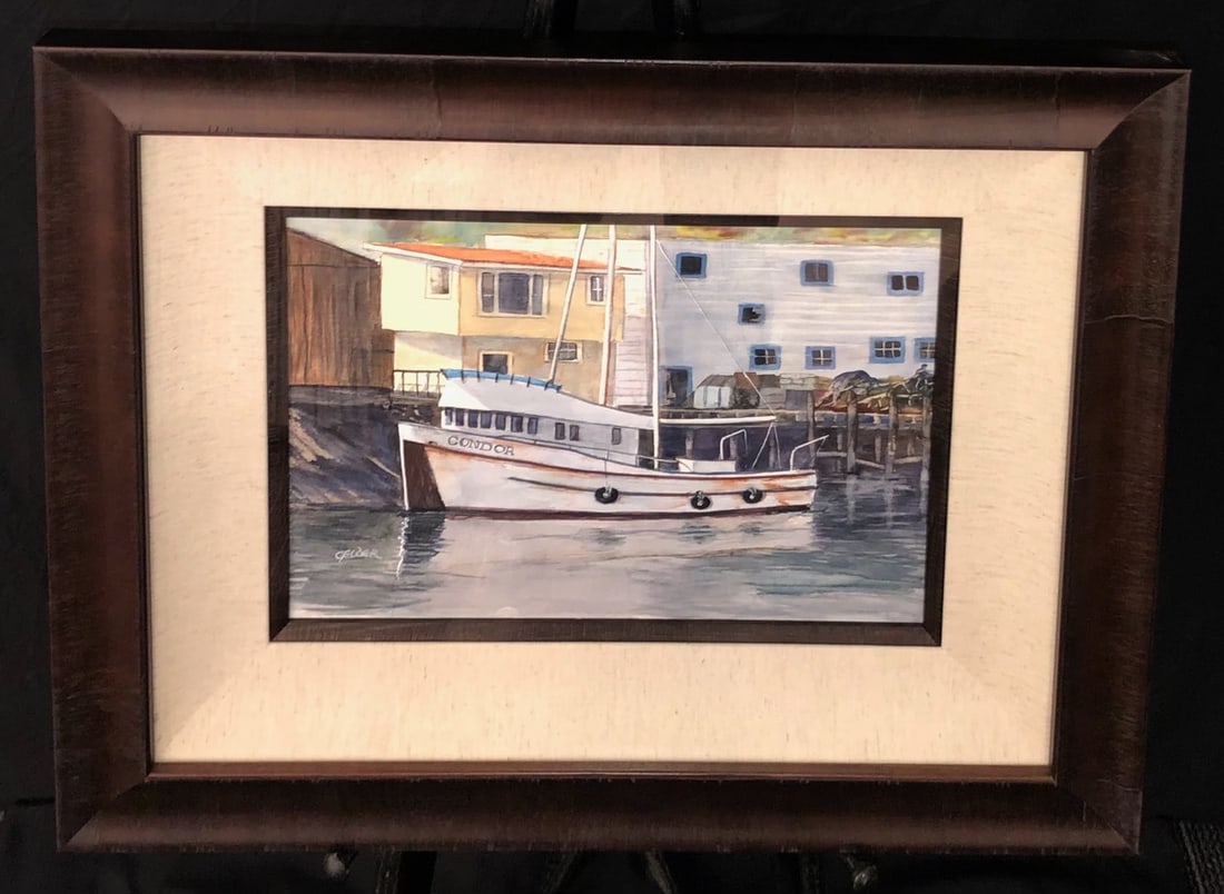 Marvin Gelder (Condor Fishing Boat) Signed Original: Offered here is an original Watercolor on Paper by Marvin Gelder: "Marvin Gelder (Condor Fishing Boat) Signed Original". This one-of-a-kind piece, measuring 21 x 25 x 2 inch, is a rare opportunity for
