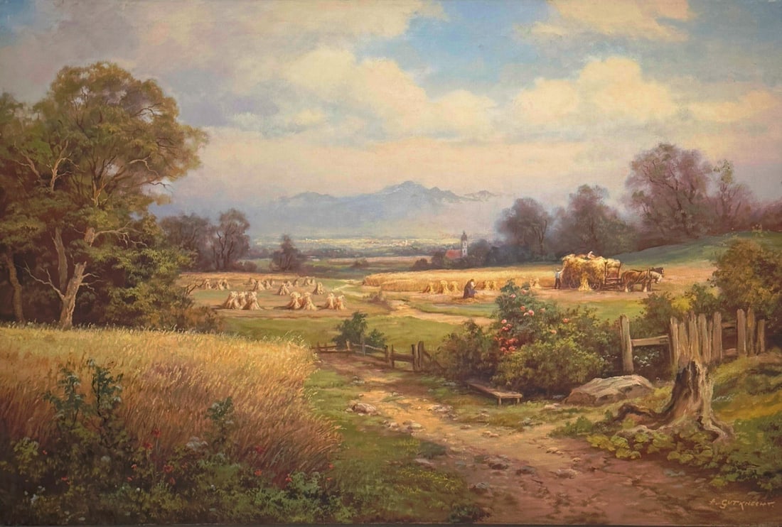 Anton Gutknecht (Untitled) LANDSCAPE Original Oil: Offered here is an original Original Oil on Canvas by Anton Gutknecht: "Anton Gutknecht (Untitled) LANDSCAPE Original Oil". This one-of-a-kind piece, measuring 24 x 36 x 1 inch, is a rare opportunity 