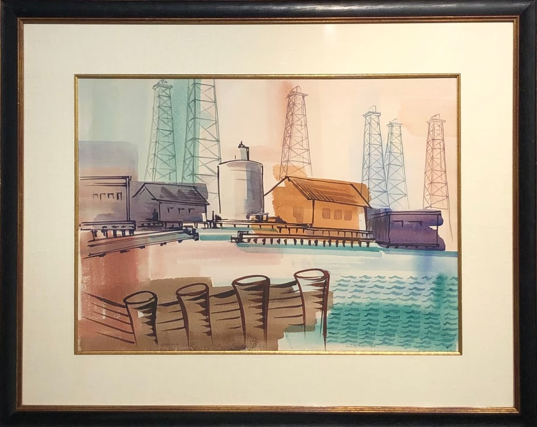 Erle Loran (Impressionist - Oil Rigs on the Bay) Signed Original Watercolor: Offered here is an original Watercolor on Paper by Erle Loran: "Erle Loran (Impressionist - Oil Rigs on the Bay) Signed Original Watercolor". This one-of-a-kind piece, measuring 31 x 38 x 2 inch, is a