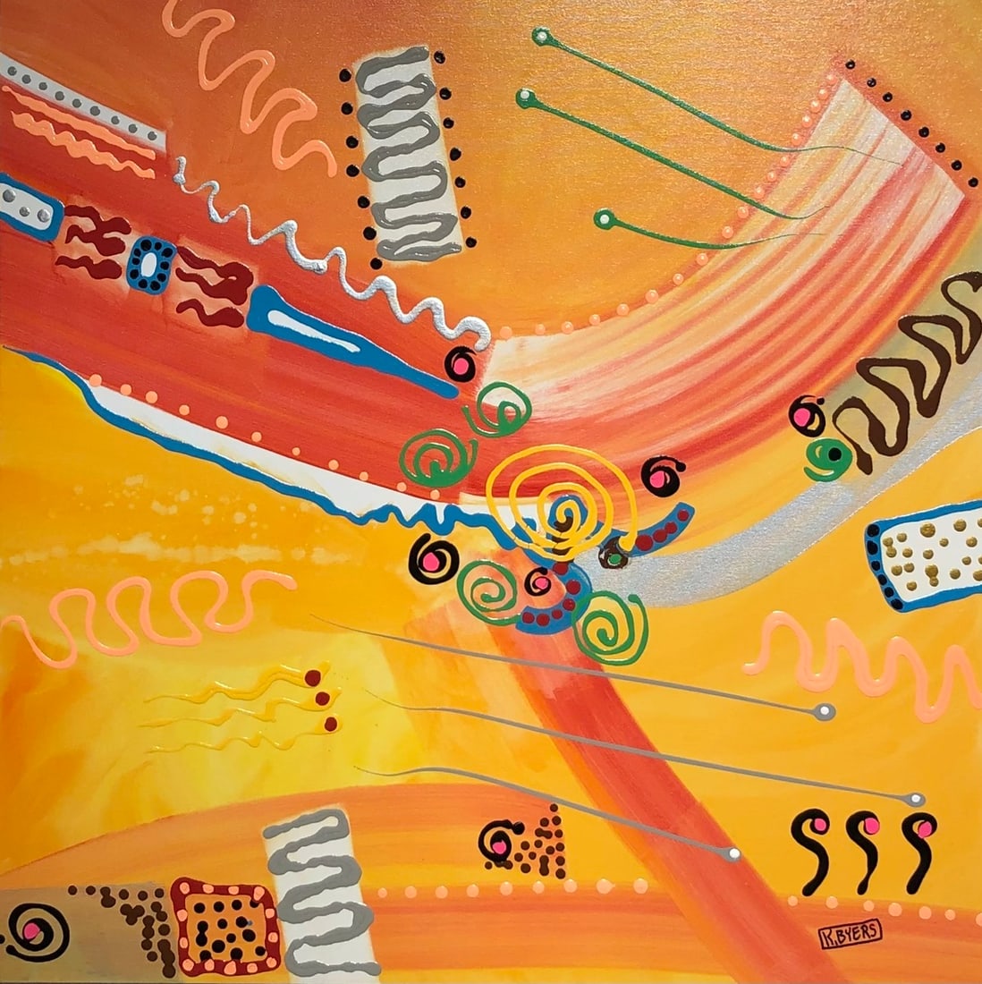 Kimm Byers "I Once Ate A Peach" Signed Original Acrylic: Offered here is an original Acrylic on Canvas by Kimm Byers: "Kimm Byers "I Once Ate A Peach" Signed Original Acrylic". This one-of-a-kind piece, measuring 36 x 36 x 2 inch, is a rare opportunity for 