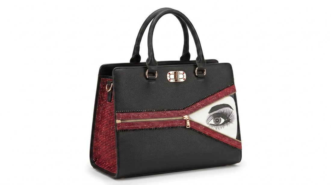 Mercedes Brunelli "Unzipped" Tote Crossbody Shoulder Bag, Hand Painted Eye Embellished with: Presenting this Mercedes Brunelli work: "Mercedes Brunelli "Unzipped" Tote Crossbody Shoulder Bag, Hand Painted Eye Embellished with Swarovski Crystal Zipper". This piece, measuring 10 x 14.2 x 6 inch