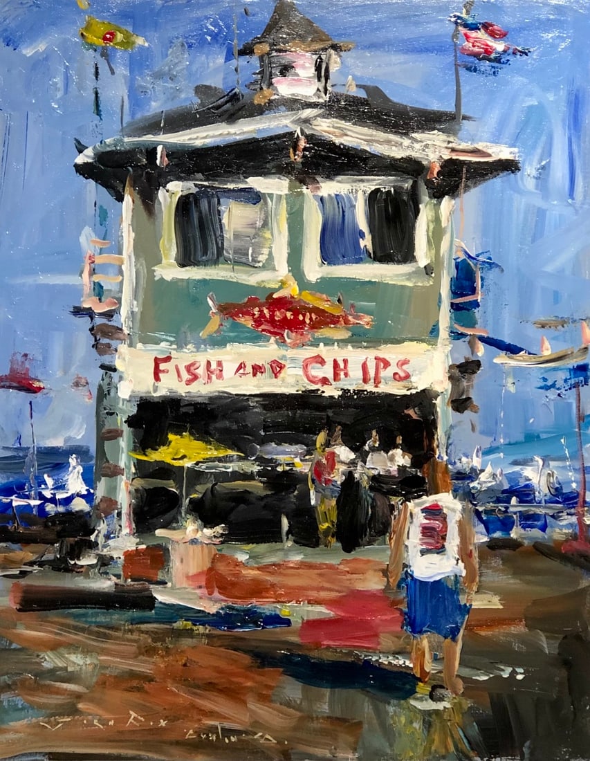 Jorn Fox "Fish and Chips" Signed Original Acrylic - Impressionist: Offered here is an original Acrylic on Canvas by Jorn Fox: "Jorn Fox "Fish and Chips" Signed Original Acrylic - Impressionist". This one-of-a-kind piece, measuring 28 x 22 x 2 inch, is a rare opportun