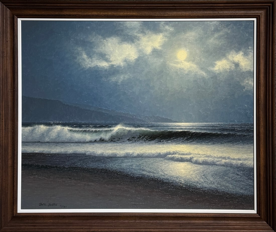 Dave Dalton "Full Moon Over The Channel" Signed Original Oil: Offered here is an original Oil on Canvas by Dave Dalton: "Dave Dalton "Full Moon Over The Channel" Signed Original Oil". This one-of-a-kind piece, measuring 28 x 34 x 2 inch, is a rare opportunity