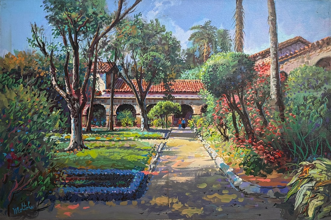 Filastro Mottola "Mission San Juan Capistrano" Signed Original Oil: Offered here is an original Original Oil on Canvas by Filastro Mottola: "Filastro Mottola "Mission San Juan Capistrano" Signed Original Oil". This one-of-a-kind piece, measuring 24 x 36 x 1 inch, is a