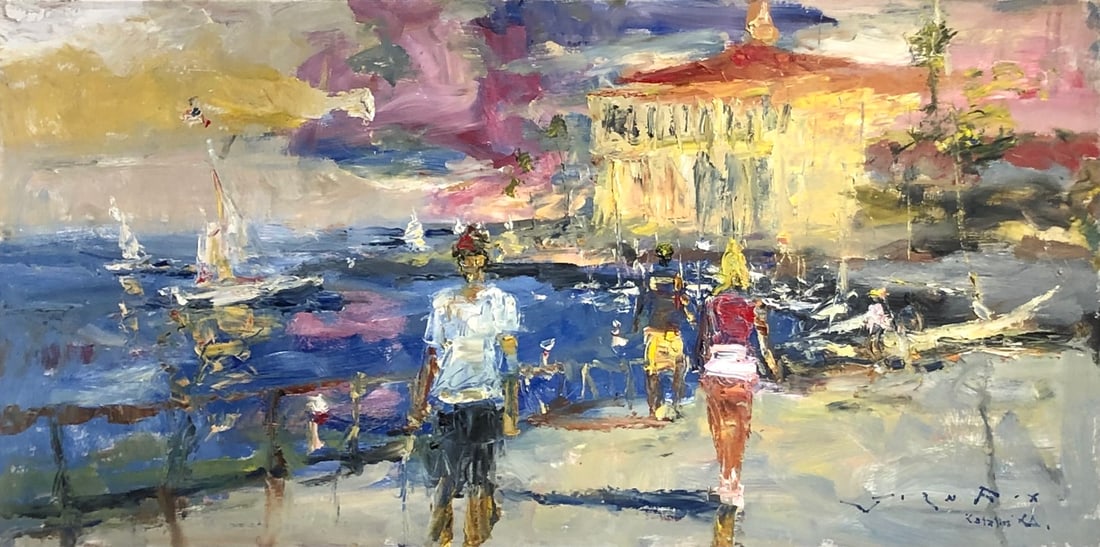 Jorn Fox "Casino At Dusk" Signed Original Oil: Offered here is an original Oil on Board by Jorn Fox: "Jorn Fox "Casino At Dusk" Signed Original Oil". This one-of-a-kind piece, measuring 25 x 50 x 2 inch, is a rare opportunity for collectors to acq