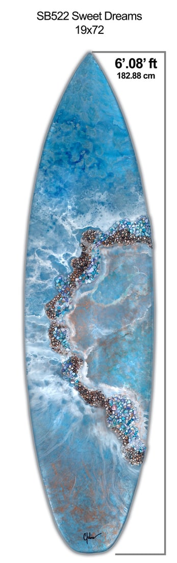 Carolyn Johnson Original "Sweet Dreams" (Recycled Surfboard): Offered here is an original Original Epoxy Art by Carolyn Johnson: "Carolyn Johnson Original "Sweet Dreams" (Recycled Surfboard)". This one-of-a-kind piece, measuring 72 x 19 x 2 inch, is a rare oppor