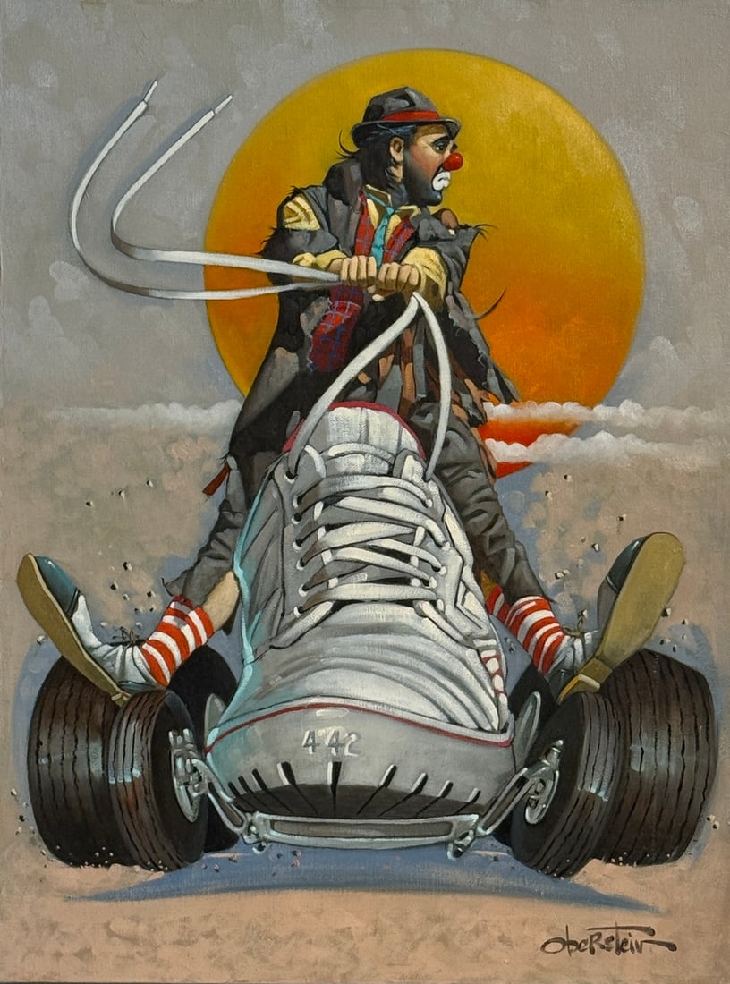 Chuck Oberstein (Untitled - Clown Rollerskating) Signed Original Oil: Offered here is an original Oil on Canvas by Chuck Oberstein: "Chuck Oberstein (Untitled - Clown Rollerskating) Signed Original Oil". This one-of-a-kind piece, measuring 18 x 25 x 1 inch, is a rare op