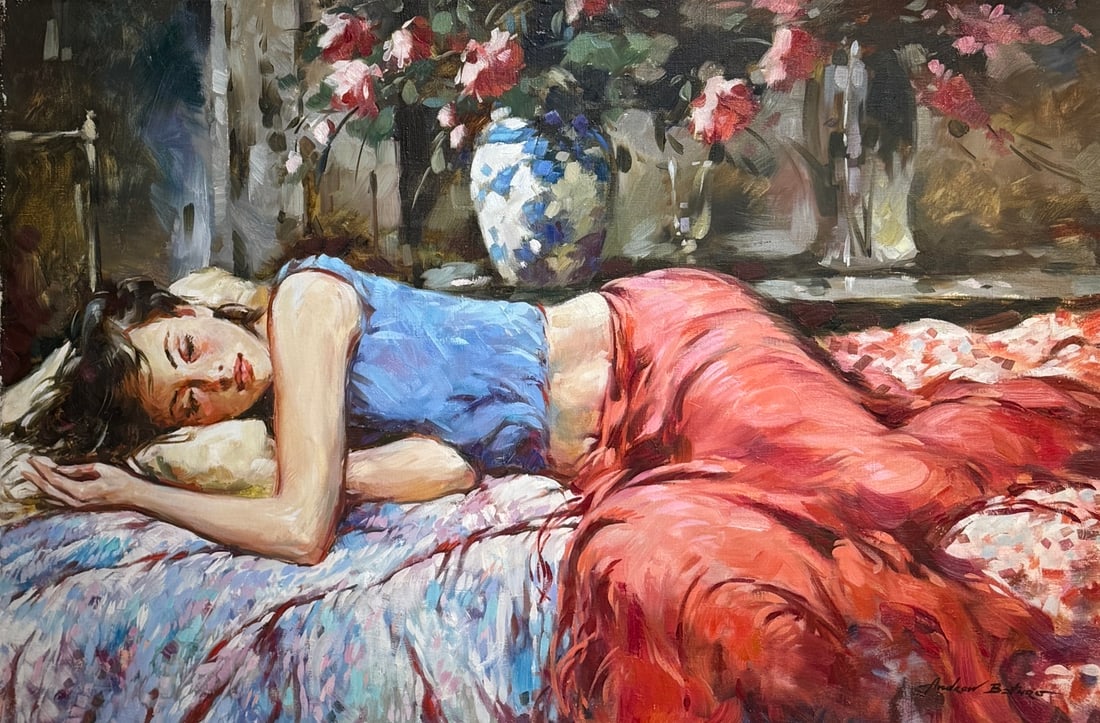 "On The Couch" original by Andrew (Andres) Baturo: Offered here is an original Original Oil on Canvas by Andrew (Andres) Baturo: ""On The Couch" original by Andrew (Andres) Baturo". This one-of-a-kind piece, measuring 24 x 36 x 1 inch, is a rare