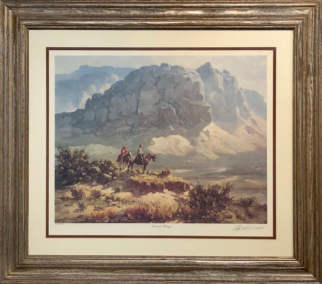 Olaf Wieghorst "Arizona Range" Signed Lithograph LE: Presenting a limited edition Lithograph on Paper by Olaf Wieghorst: "Olaf Wieghorst "Arizona Range" Signed Lithograph LE". This Lithograph on Paper (Edition: 74/550), measuring 27 x 30 x 2 inch, is a 