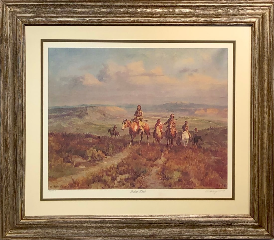 Olaf Wieghorst "Indian Trail" Signed Lithograph LE: Presenting a limited edition Lithograph on Paper by Olaf Wieghorst: "Olaf Wieghorst "Indian Trail" Signed Lithograph LE". This Lithograph on Paper (Edition: 74/550), measuring 26 x 30 x 2 inch, is a s
