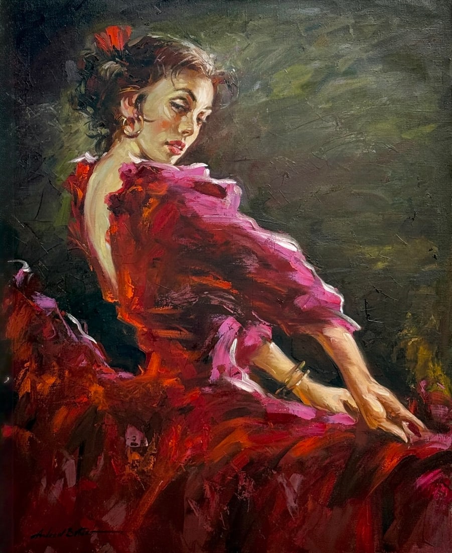 Andrew (Andres) Baturo Original Oil Flamenco #2: Offered here is an original Original Oil on Canvas by Andrew (Andres) Baturo: "Andrew (Andres) Baturo Original Oil Flamenco #2". This one-of-a-kind piece, measuring 30 x 24 x 1 inch, is a rare opportu