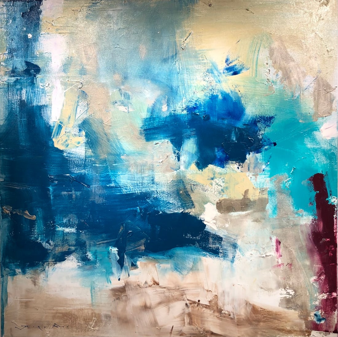 Jorn Fox Abstract Signed Original Acrylic: Offered here is an original Acrylic on Canvas by Jorn Fox: "Jorn Fox Abstract Signed Original Acrylic". This one-of-a-kind piece, measuring 48 x 48 x 2 inch, is a rare opportunity for collectors to ac