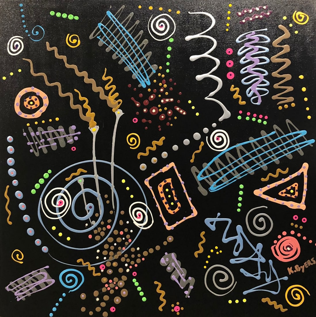 Kimm Byers "Musical Notes in Space" Signed Original: Offered here is an original Acrylic on Canvas by Kimm Byers: "Kimm Byers "Musical Notes in Space" Signed Original". This one-of-a-kind piece, measuring 36 x 36 x 2 inch, is a rare opportunity for coll