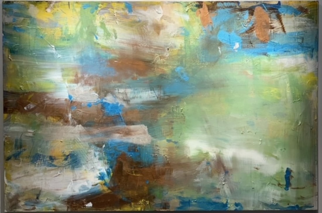 Jorn Fox Abstract Signed Original Oil and Acrylic: Offered here is an original Oil and Acrylic on Canvas with 1 1/2" Museum Bars by Jorn Fox: "Jorn Fox Abstract Signed Original Oil and Acrylic". This one-of-a-kind piece, measuring 40 x 60 x 2 inch,