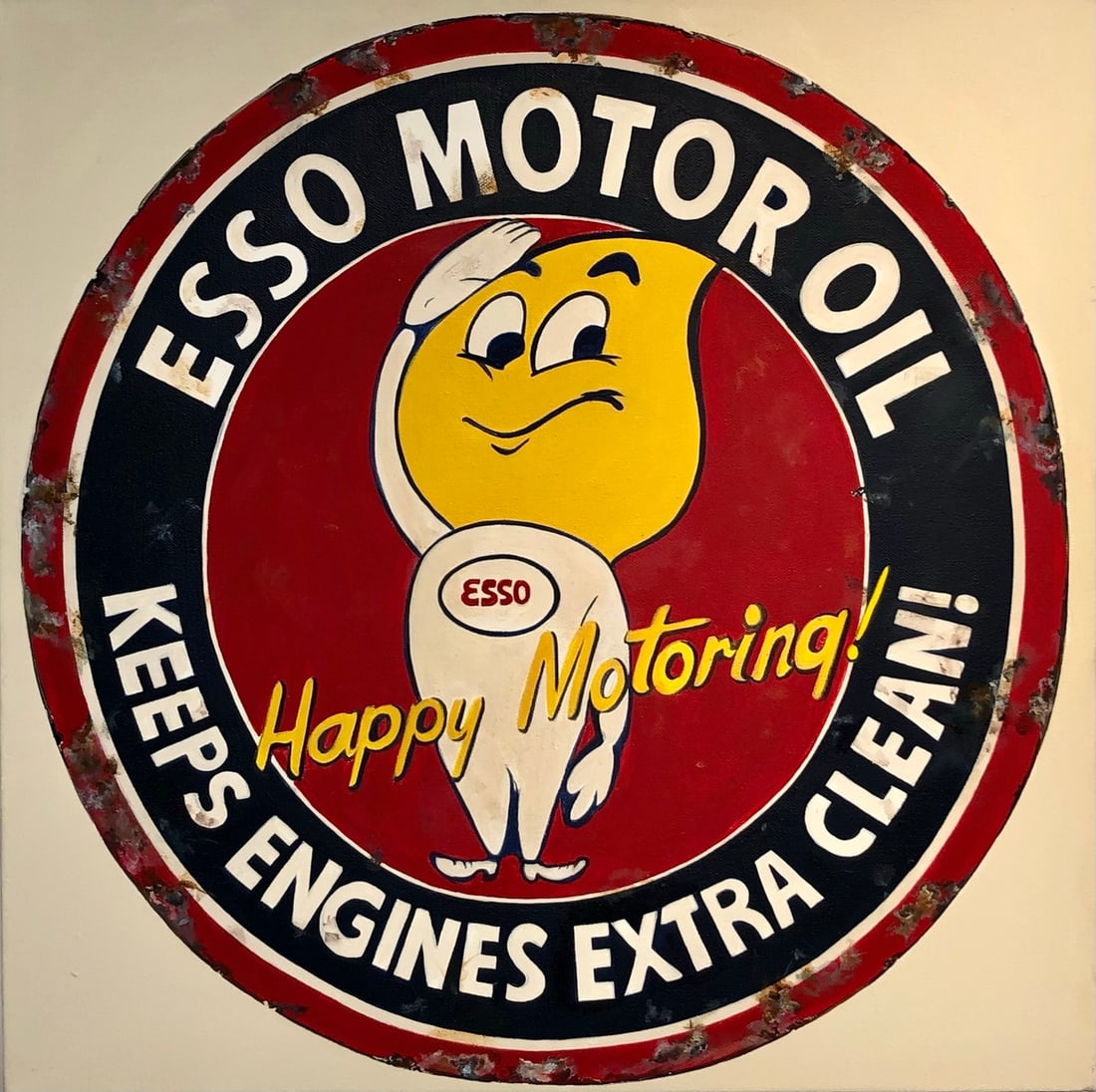 "Esso Motor Oil" signed original on canvas: Offered here is an original Acrylic on Canvas by Michelle Michael: ""Esso Motor Oil" signed original on canvas". This one-of-a-kind piece, measuring 20 x 20 x 2 inch, is a rare opportunity for