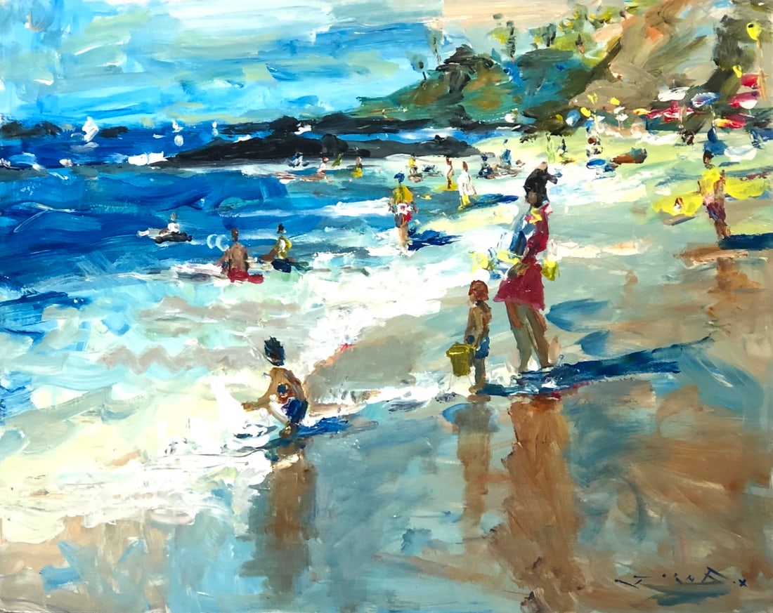 Jorn Fox (Impressionist - Beach Scene) Signed Original Acrylic: Offered here is an original Acrylic on Board by Jorn Fox: "Jorn Fox (Impressionist - Beach Scene) Signed Original Acrylic". This one-of-a-kind piece, measuring 24 x 30 x 2 inch, is a rare opportunity 