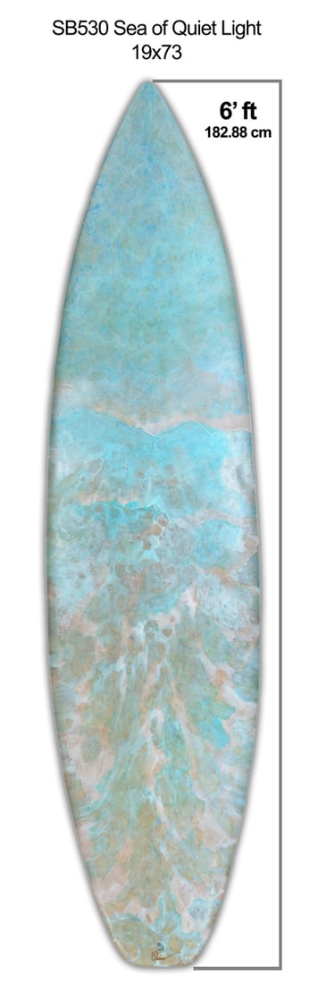 Carolyn Johnson Original "Sea Of Quiet Light" (Recycled Surfboard): Offered here is an original Original Epoxy Art by Carolyn Johnson: "Carolyn Johnson Original "Sea Of Quiet Light" (Recycled Surfboard)". This one-of-a-kind piece, measuring 73 x 19 x 2 inch, is a