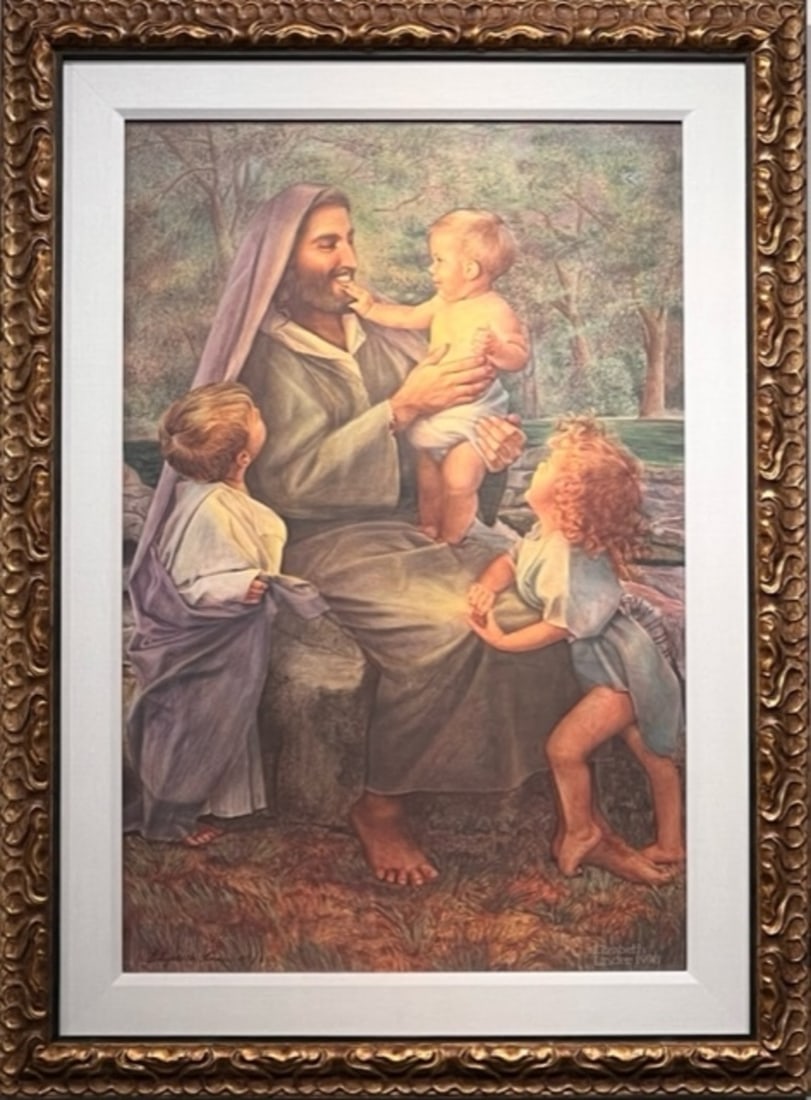 Elizabeth Linder "Jesus And The Children" Litho Signed: Presenting a limited edition Lithograph on Paper by Elizabeth Linder: "Elizabeth Linder "Jesus And The Children" Litho Signed". This Lithograph on Paper (Edition: 45/650), measuring 33 x 24 x 2 inch,