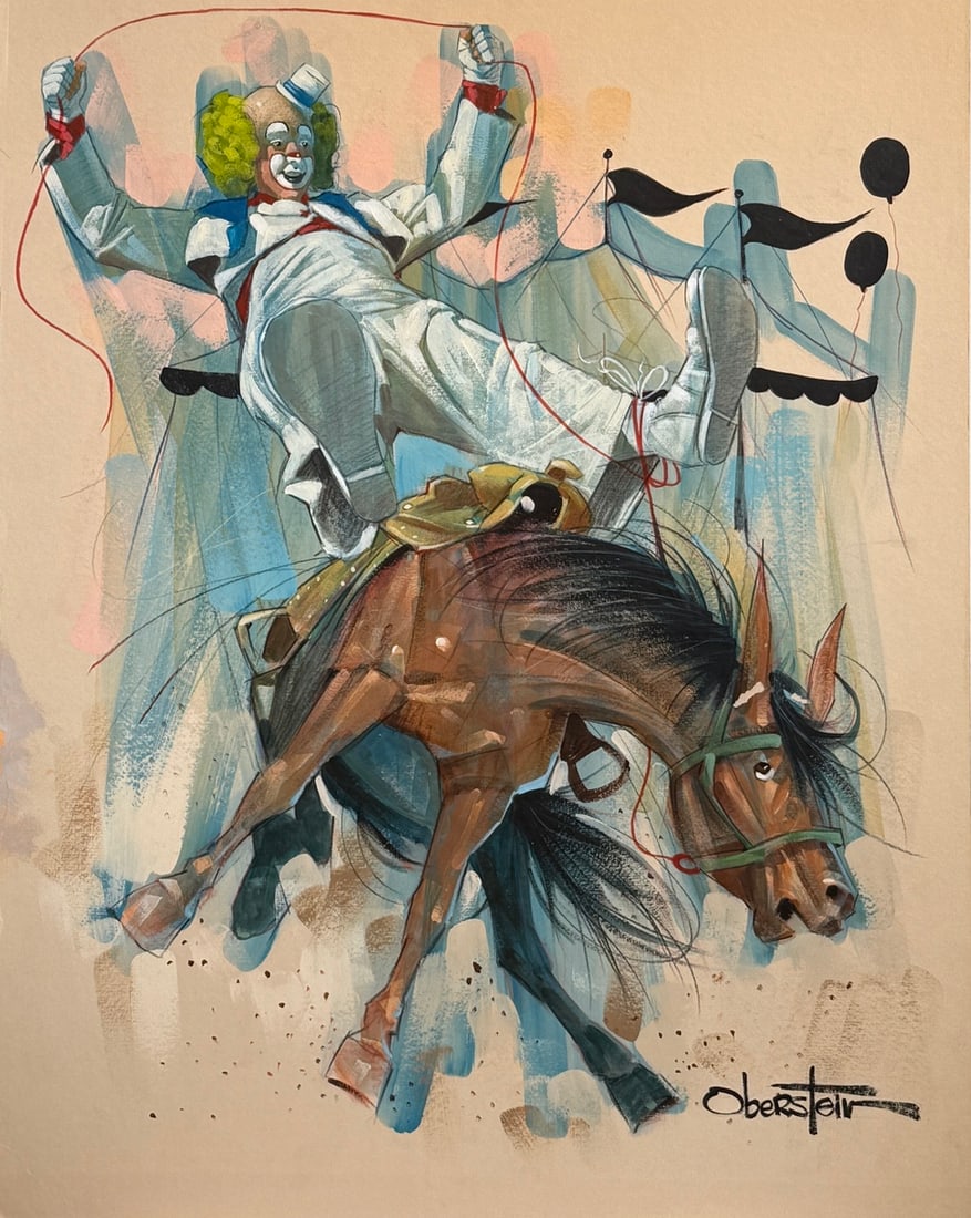 Chuck Oberstein "Harpo The Clown" (Rodeo Circus Clown) Signed Original Oil: Offered here is an original Pastel On Paper by Chuck Oberstein: "Chuck Oberstein "Harpo The Clown" (Rodeo Circus Clown) Signed Original Oil". This one-of-a-kind piece, measuring 28 x 22 x 0.12 inch,