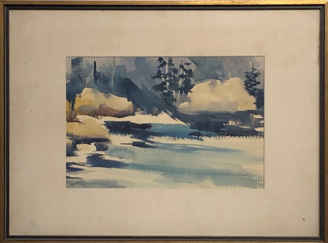 Milford Zornes (Untitled - Landscape) Original Signed Watercolor - 1964: Offered here is an original Watercolor on Paper by Milford Zornes: "Milford Zornes (Untitled - Landscape) Original Signed Watercolor - 1964". This one-of-a-kind piece, measuring 17 x 23 x 2 inch, is