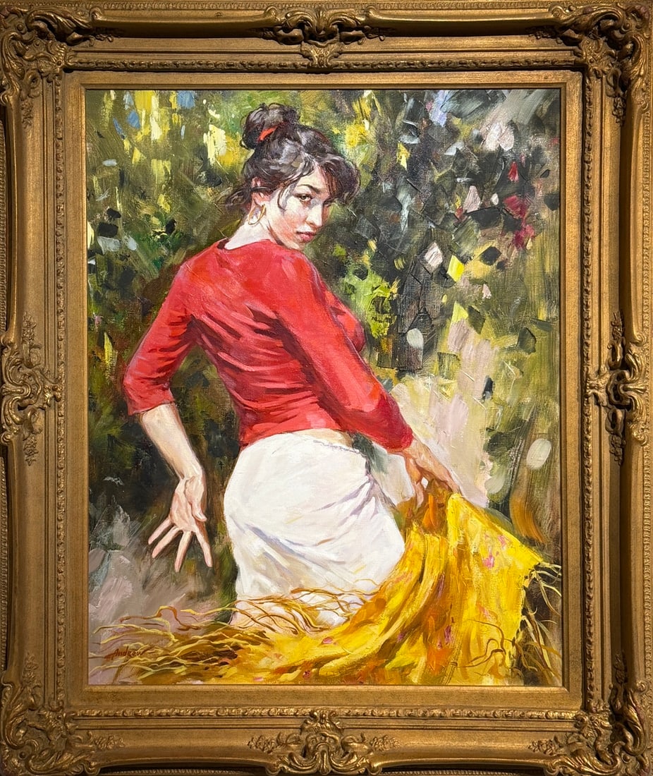 Flamenco original by Andrew (Andres) Baturo: Offered here is an original Original Oil on Canvas by Andrew (Andres) Baturo: "Flamenco original by Andrew (Andres) Baturo". This one-of-a-kind piece, measuring 39 x 33 x 3 inch, is a rare