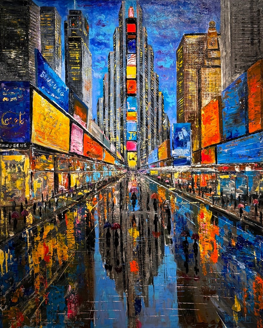 Madi Salehi "Reflections In Times Square" Original On Canvas: Offered here is an original Original acrylic on canvas by Madi Salehi: "Madi Salehi "Reflections In Times Square" Original On Canvas". This one-of-a-kind piece, measuring 60 x 48 x 2 inch, is a rare o