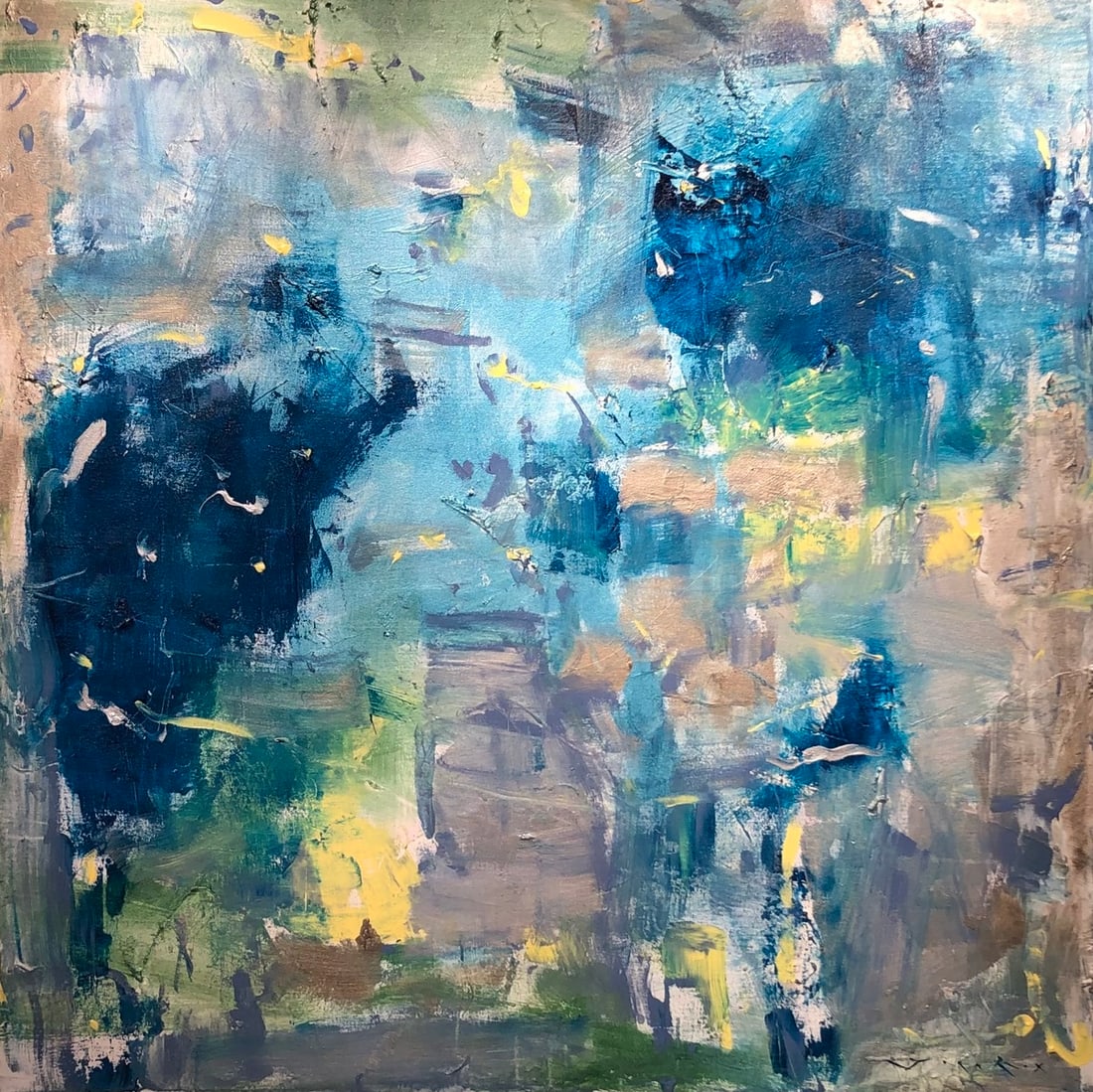 Jorn Fox Abstract Signed Acrylic on Canvas: Offered here is an original Acrylic on Canvas by Jorn Fox: "Jorn Fox Abstract Signed Acrylic on Canvas". This one-of-a-kind piece, measuring 48 x 48 x 2 inch, is a rare opportunity for collectors to a