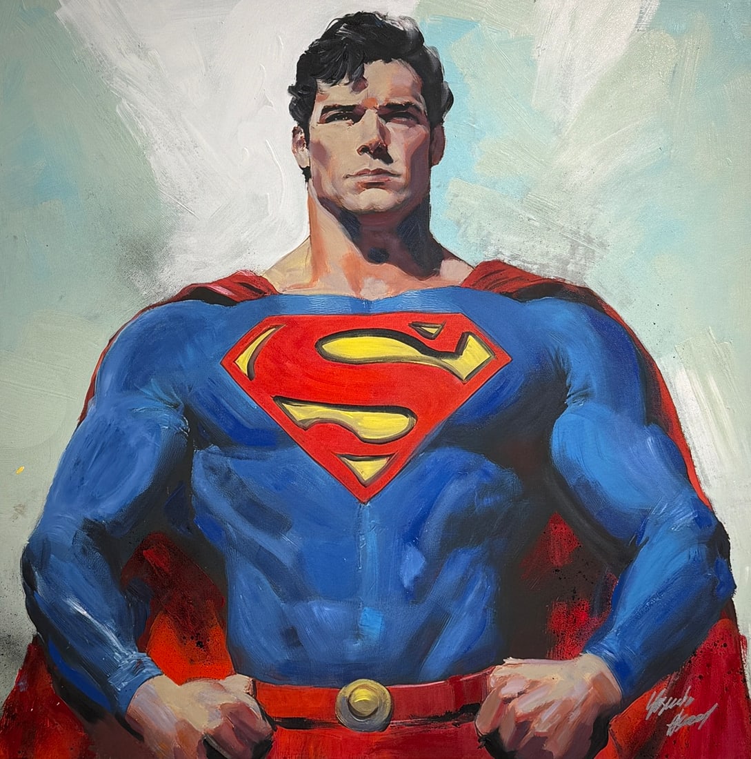 Yasemen Asad "Superman" Signed Original Mixed Media: Offered here is an original Mixed Media on Canvas by Yasemen Asad: "Yasemen Asad "Superman" Signed Original Mixed Media". This one-of-a-kind piece, measuring 36 x 36 x 1 inch, is a rare opportunity