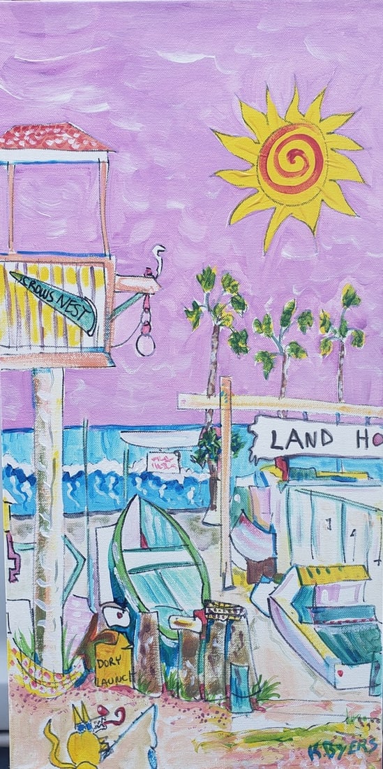Kimm Byers "Dory Launch Crows Nest" Acrylic Signed: Offered here is an original Original Acrylic on Canvas by Kimm Byers: "Kimm Byers "Dory Launch Crows Nest" Acrylic Signed". This one-of-a-kind piece, measuring 24 x 12 x 2 inch, is a rare opportunity 