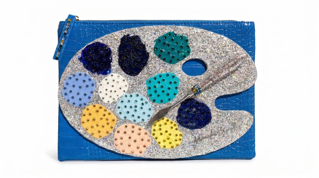 Mercedes Brunelli "Palette" Sapphire Crocodile Grain Leather Clutch: Presenting this Mercedes Brunelli work: "Mercedes Brunelli "Palette" Sapphire Crocodile Grain Leather Clutch". This piece, measuring 30 x 20 x 1 cm, is available at auction on LiveAuctioneers. Artist: