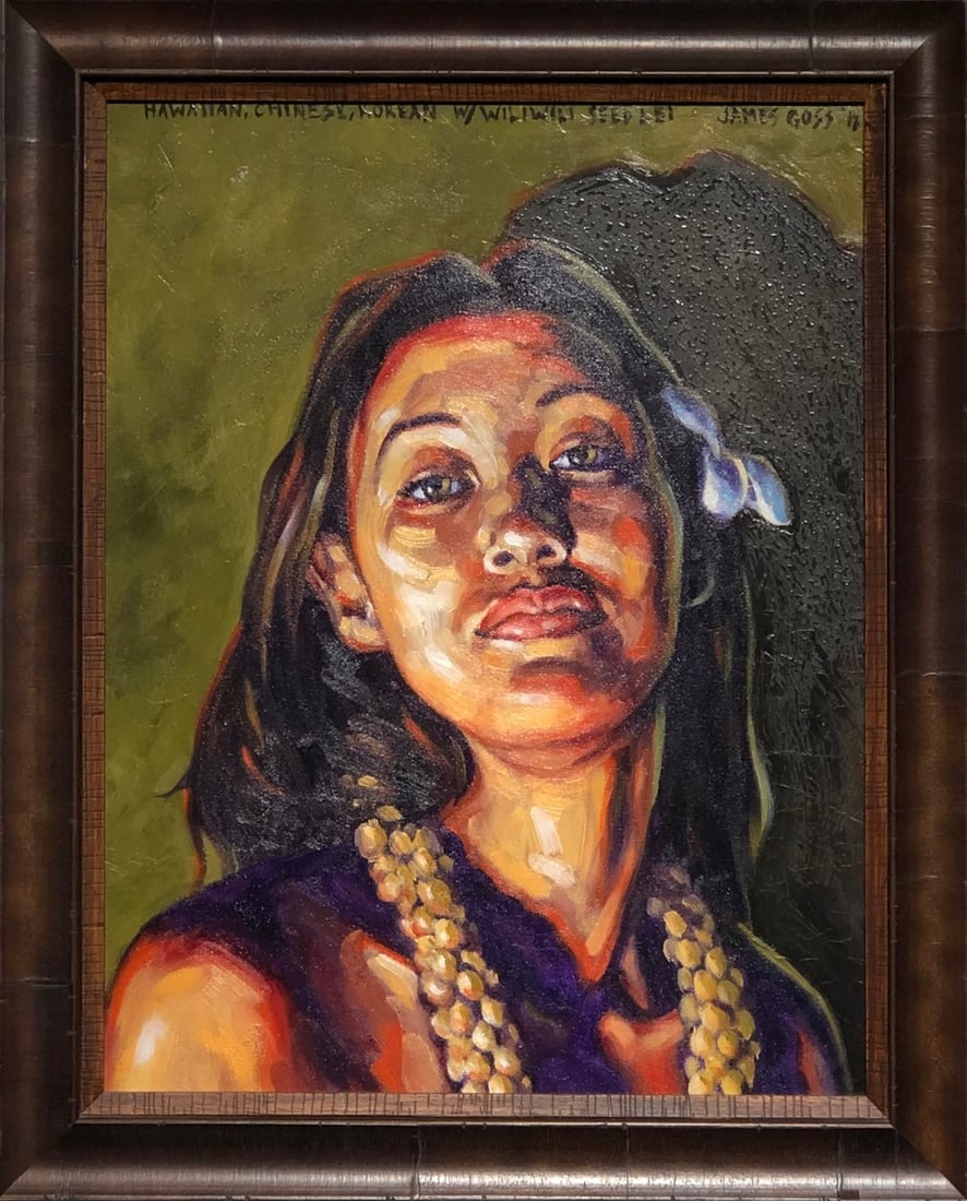 James Goss (Hawaiian) Signed Original Oil: Offered here is an original Oil on Canvas by James Goss: "James Goss (Hawaiian) Signed Original Oil". This one-of-a-kind piece, measuring 21 x 17 x 2 inch, is a rare opportunity for collectors to acqu